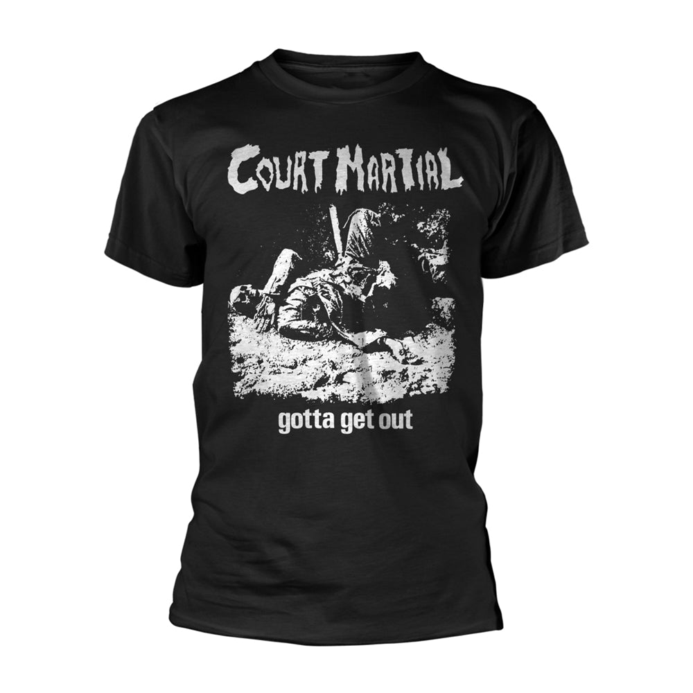 Black t-shirt with distressed text "COURT MARTIAL - GET OUT" and chaotic imagery.