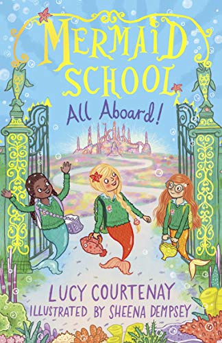 Book cover: three young mermaid students at a gate to a castle.