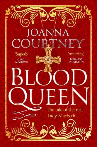 Book cover: “Blood Queen” with gold lettering, a cross, and red background.
