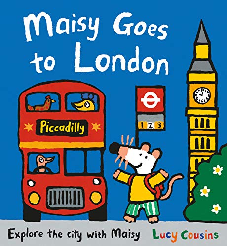 Maisy the mouse stands with a red London bus and Big Ben.