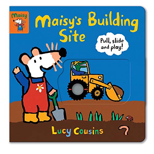 Colourful children's book with construction vehicles and movable parts on a building site scene.