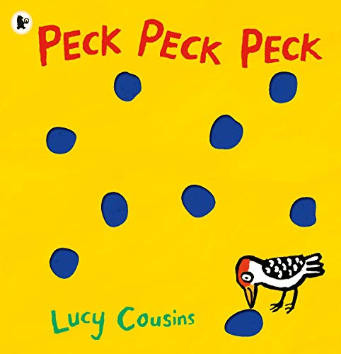 Yellow cover with red text "Peck Peck Peck" and a black and white bird.