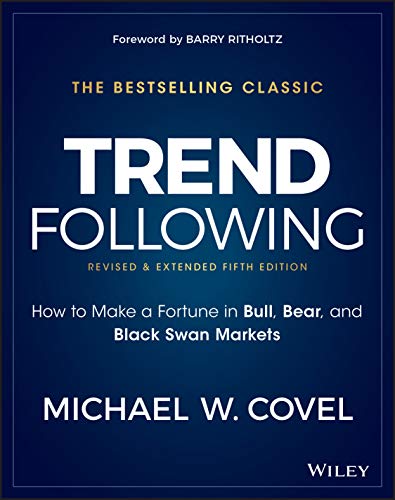 Dark blue book cover with white text: "Trend Following" by Michael W. Covel.