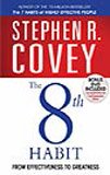 Book cover: “The 8th Habit” by Stephen R. Covey, red and white text.