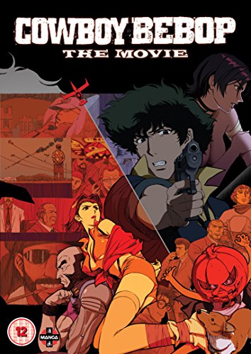 "Cowboy Bebop The Movie" DVD cover featuring anime characters in action scenes on a black background.