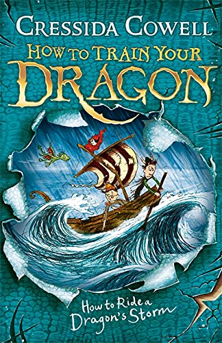 Book cover: children on a small ship sailing stormy blue seas with dragons.