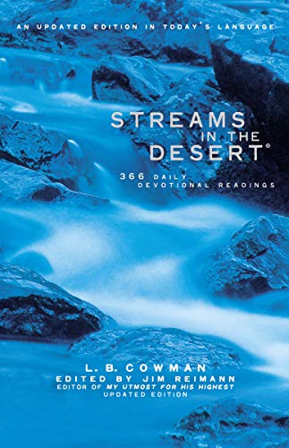 Book cover: “Streams in the Desert” devotional with a waterfall image.
