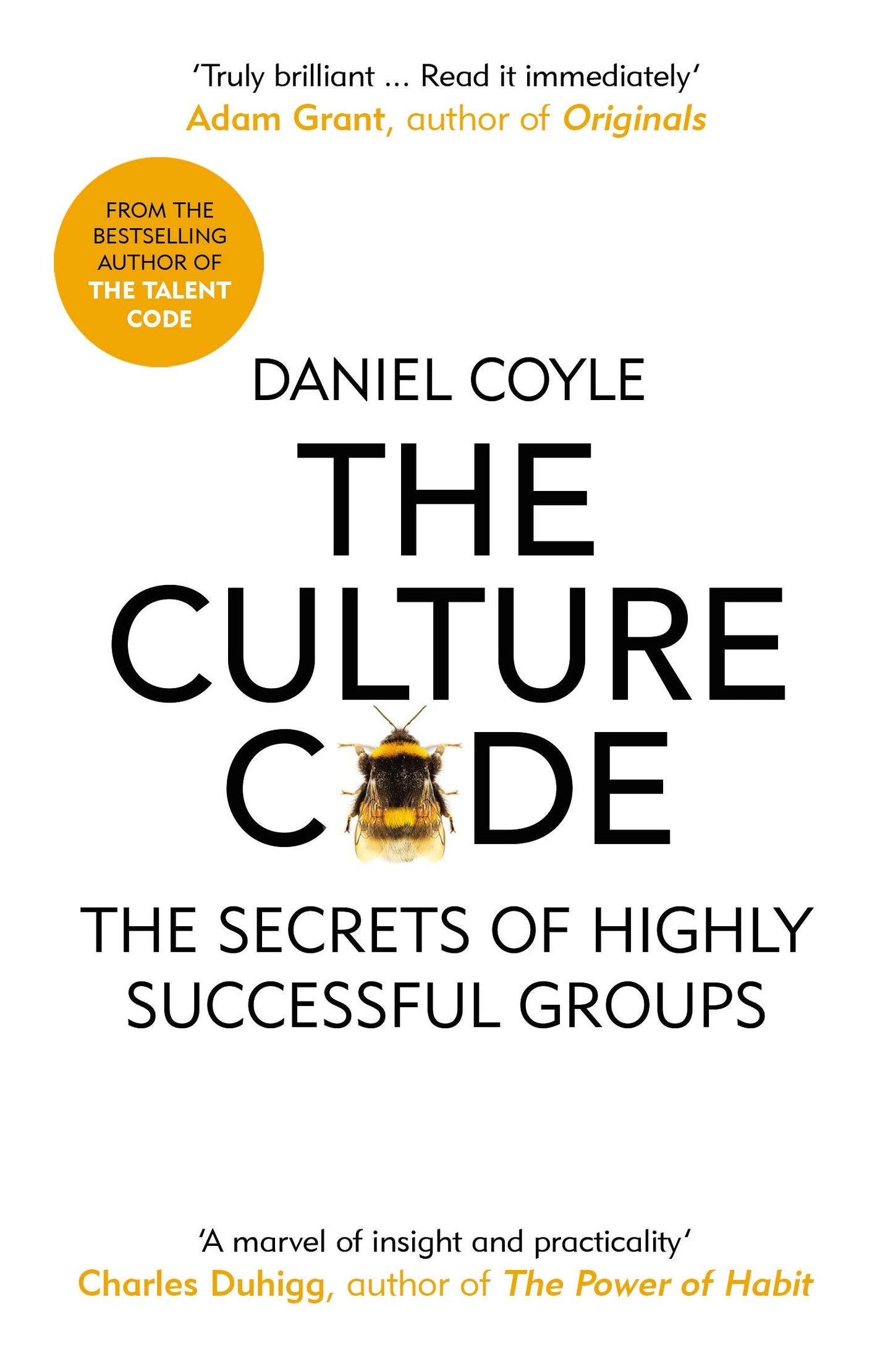 "The Culture Code" book cover with white background, black and orange text, and a bee image.