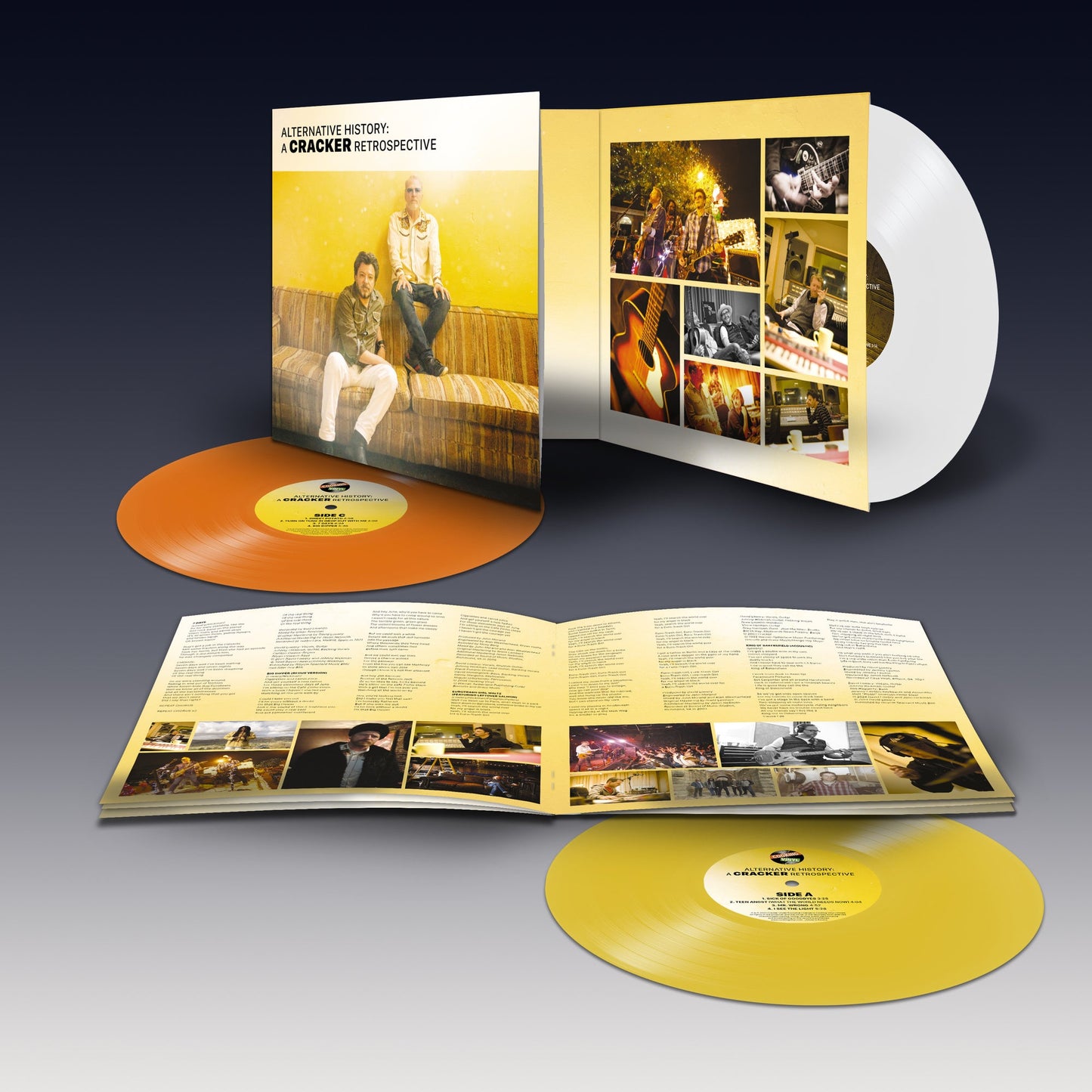 Cracker “Alternative History” vinyl record open with orange and yellow discs.