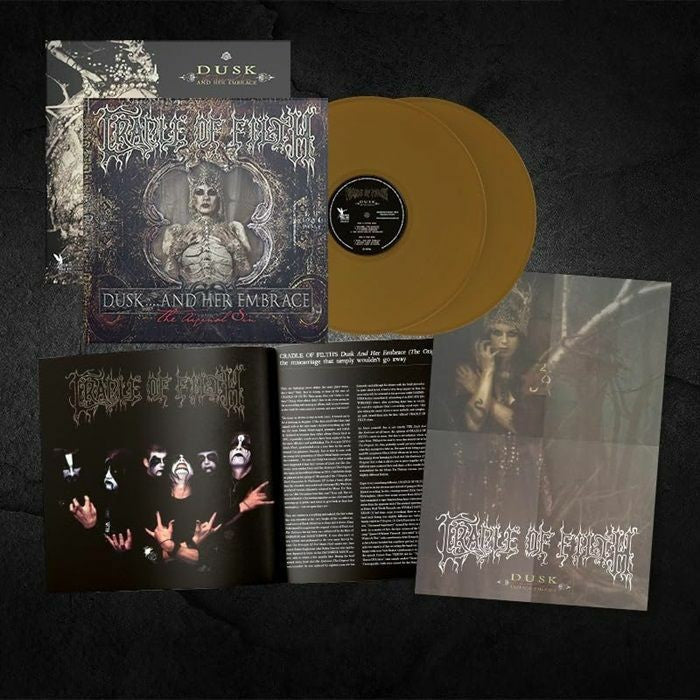 Gold vinyl record of Cradle Of Filth’s “Dusk And Her Embrace” with sleeve and insert.