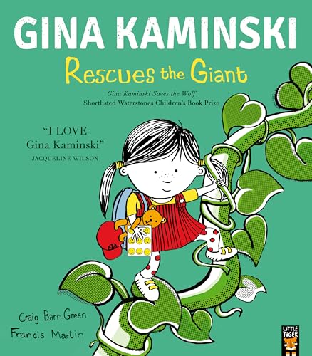 A girl with pigtails climbs a large green beanstalk on a teal book cover.