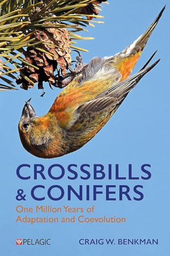 Crossbill perched on a pinecone, book cover with title and author name.