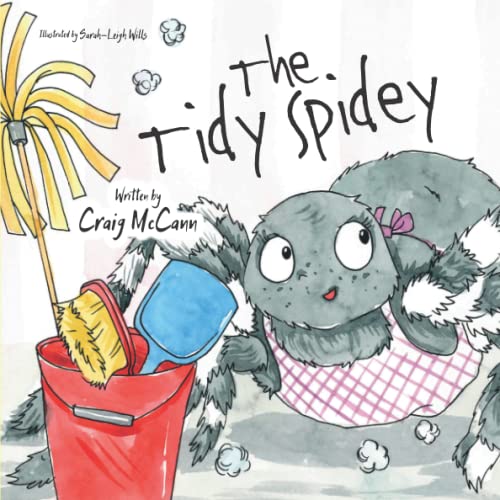 Spider wearing apron and pink bow, holding cleaning supplies.