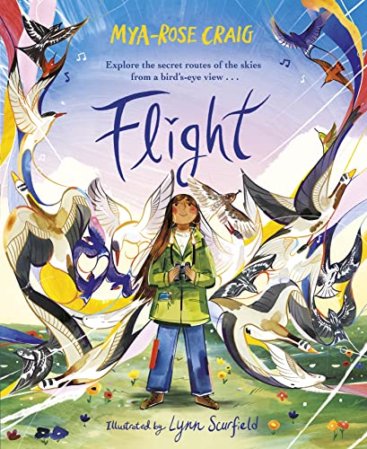 Book cover: girl with binoculars surrounded by illustrated birds in flight.