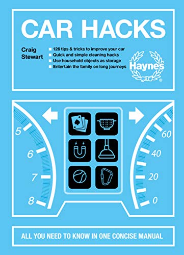 Blue "Car Hacks" manual cover with speedometer graphic and household items.