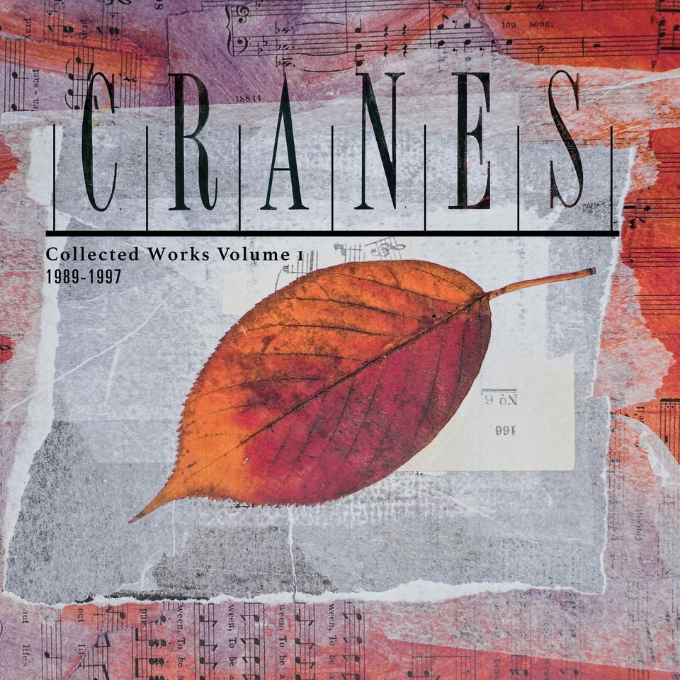 Cranes album cover: collage of sheet music, leaf, and text.