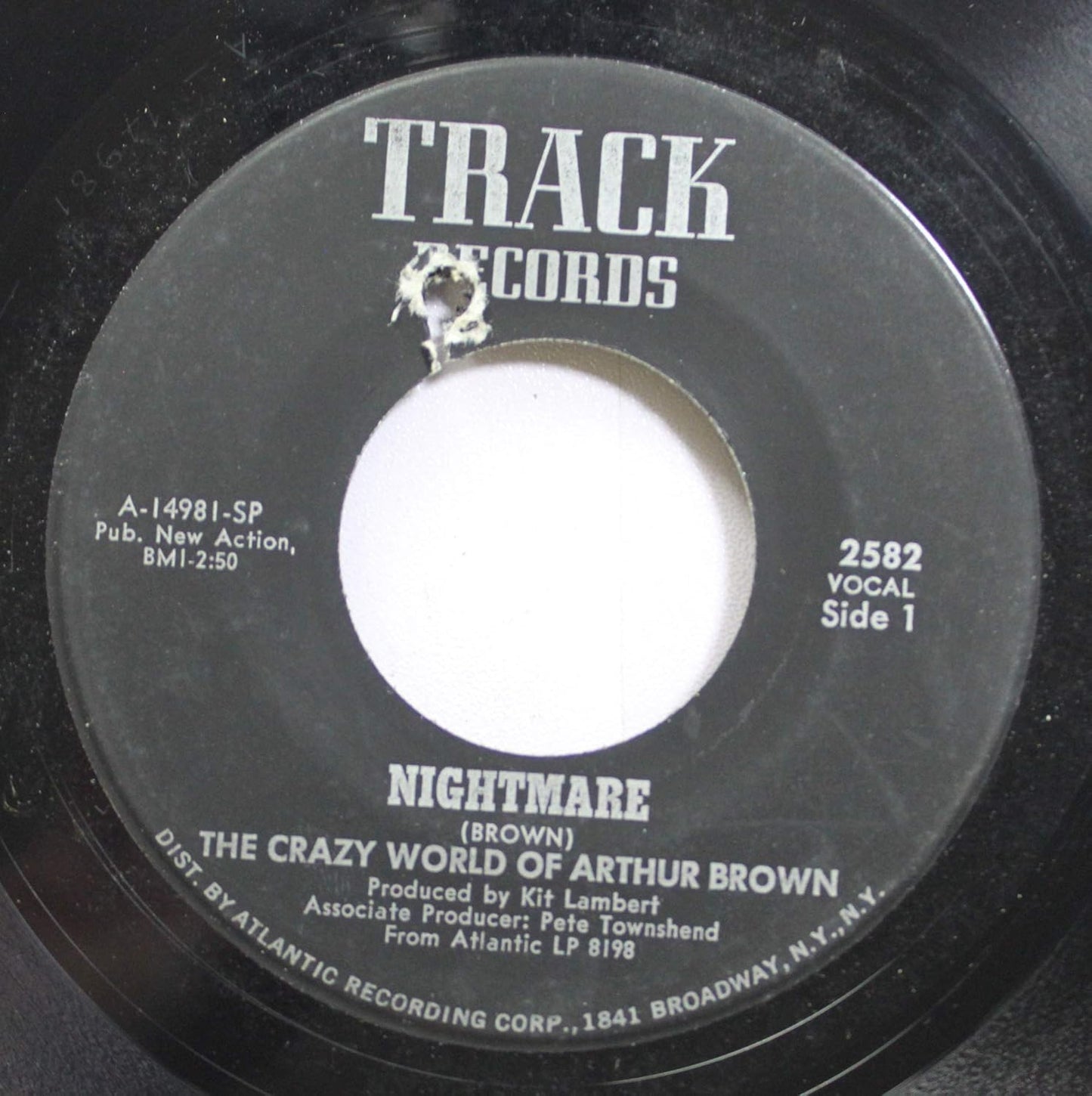 Black vinyl record label for The Crazy World of Arthur Brown song Nightmare.