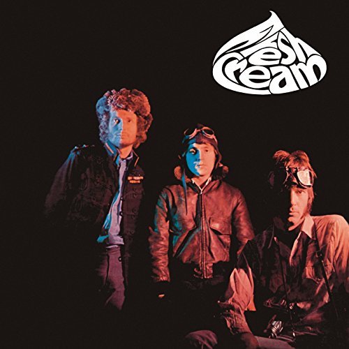 Album cover for Cream’s “Fresh Cream” featuring three men in flight gear.