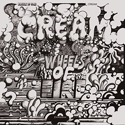 Wheels of Fire" vinyl album cover by Cream, psychedelic black and white art.