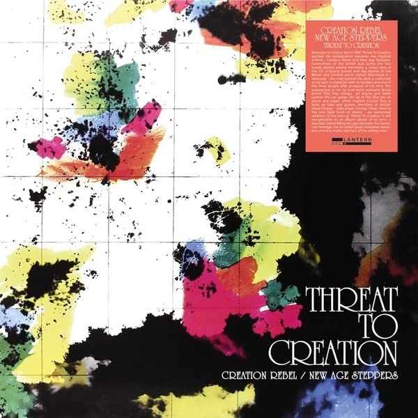 Vinyl record cover with colorful abstract paint splatters and text.