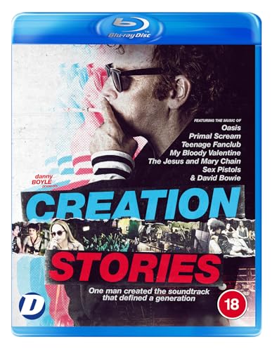 Blu-ray cover for Creation Stories featuring a man in sunglasses and film stills.
