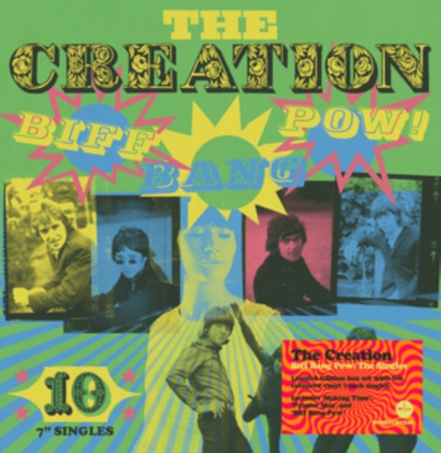 Album cover for The Creation’s “Biff Bang Pow” with band photos and sunburst.