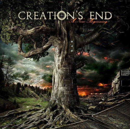 CD cover: large tree with roots, stormy sky, and fiery horizon.