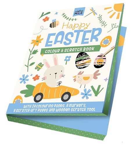Easter coloring and scratch book with bunny, chick, and carrot car.