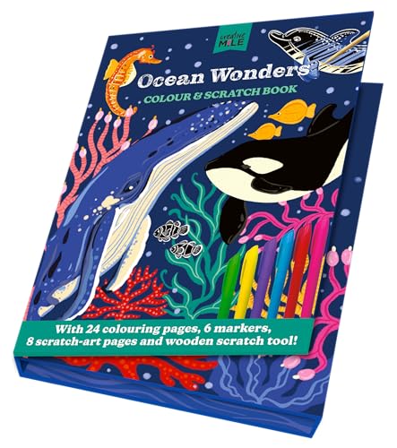 Ocean Wonders colour and scratch book with whales, fish, and markers.