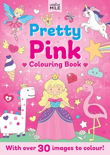 Pink coloring book cover with fairytale creatures, princess, and floral designs.