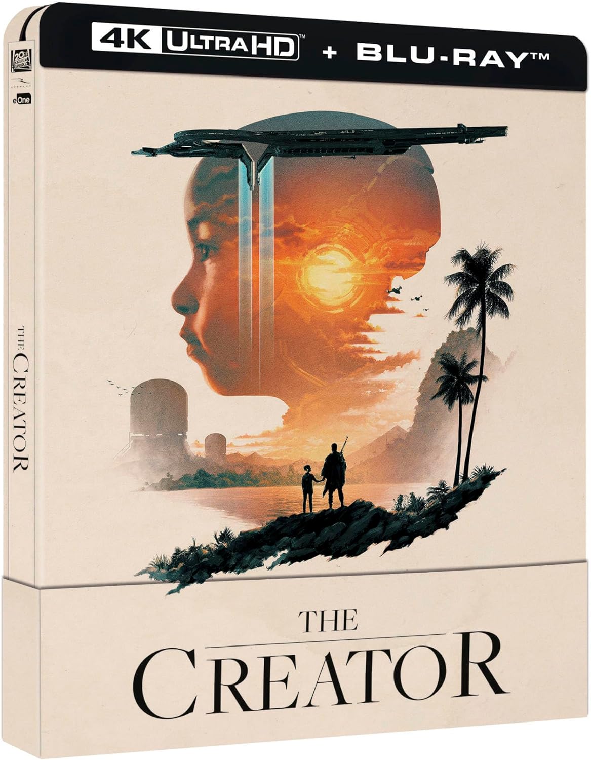 Blu-ray case for "The Creator" featuring a child’s face and tropical landscape.