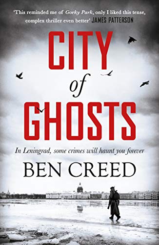 Book cover: "City of Ghosts" with red text, a cityscape, and lone figure.