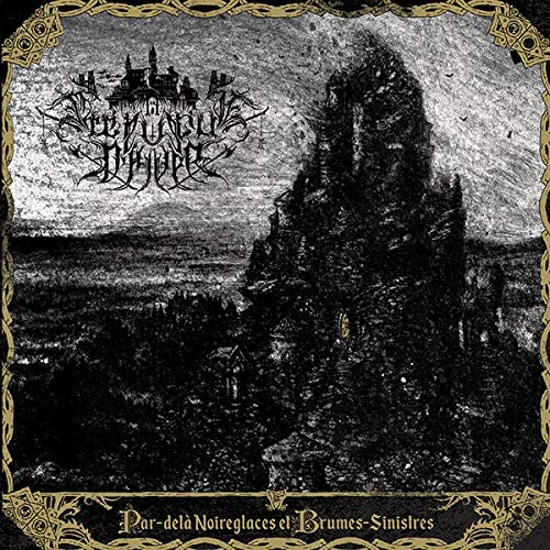 Dark, detailed landscape with castles and ornate gold frame.