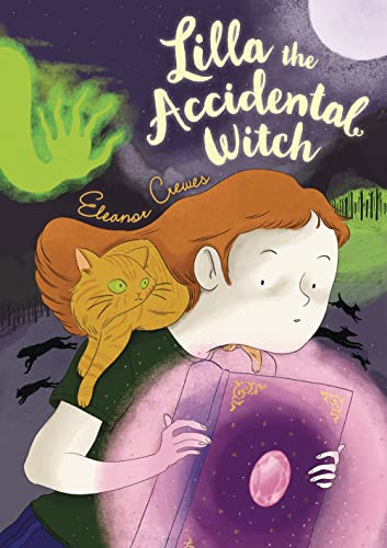 Girl with orange cat holding a glowing purple spellbook.