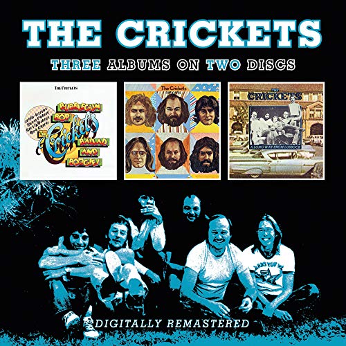 "The Crickets CD compilation cover with band members and three album covers displayed."