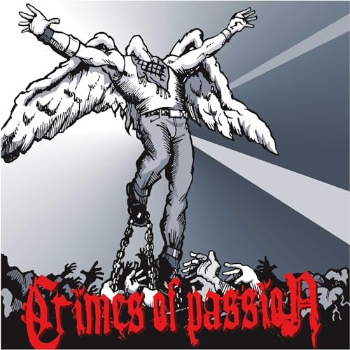 An illustrated winged figure in jeans is chained above reaching hands with red text.