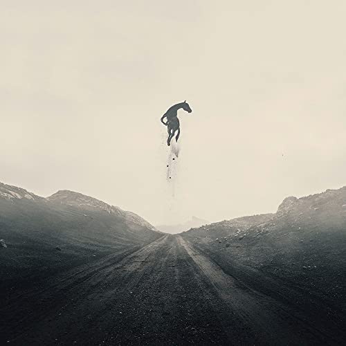 Silhouetted horse leaping against a hazy, mountainous landscape.