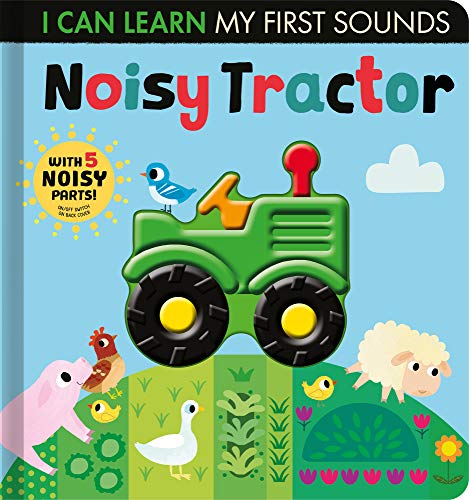 Green tractor book cover with animals, including a bird and sheep.