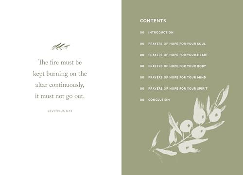 Book page with olive branch illustration, text excerpts, and table of contents.