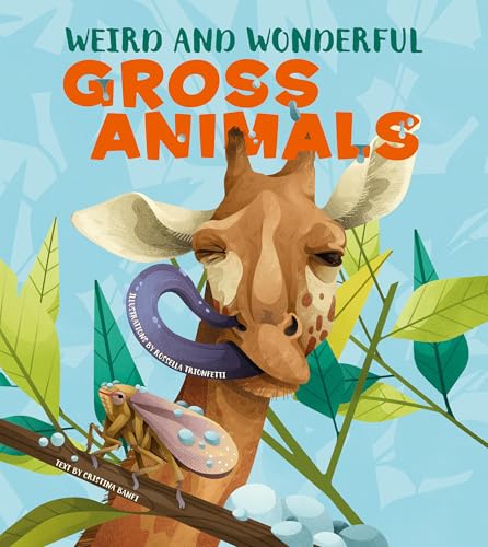 Book cover: giraffe with extended tongue near a grasshopper on a branch.