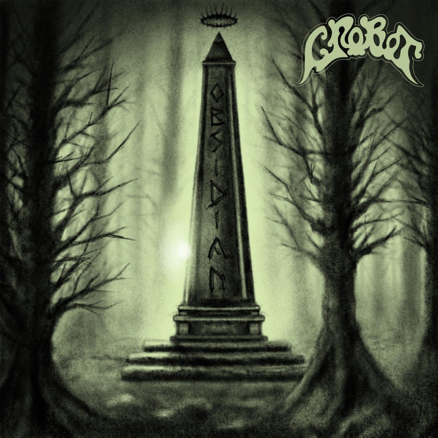 Black and white illustration of an obelisk in a misty forest.