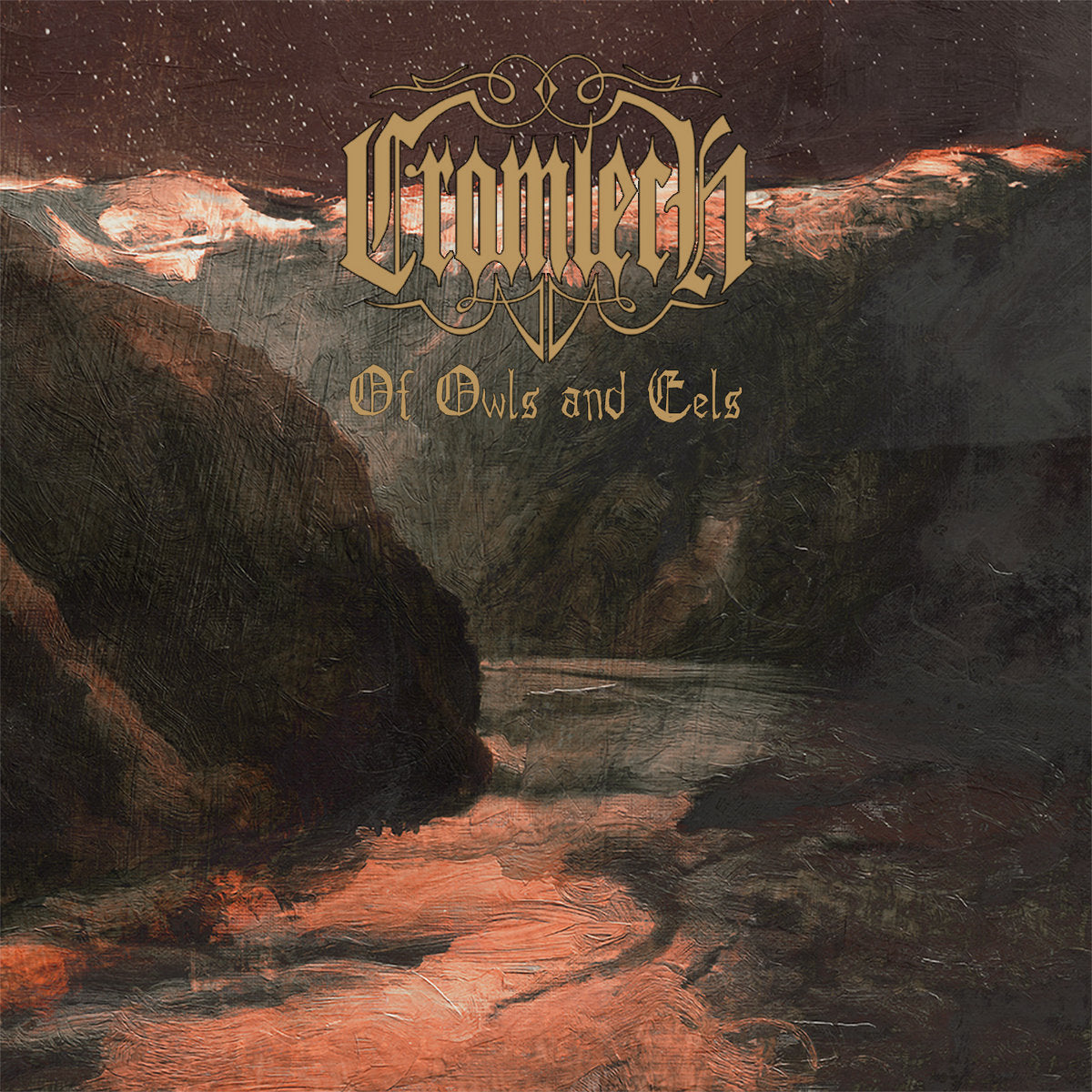CD cover for Cromlech’s “Of Owls And Eels” with a dark, rocky landscape.