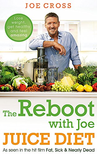Book cover featuring a man, juicer, and various fruits and vegetables.
