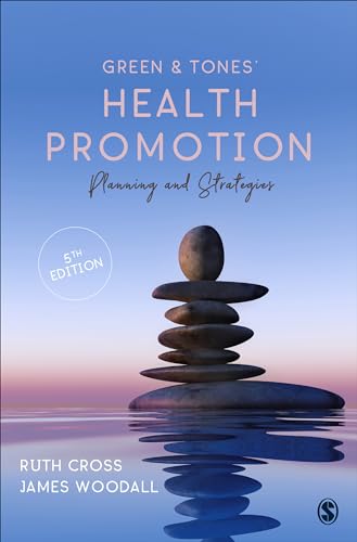 Book cover: "Health Promotion" with stacked stones on water.