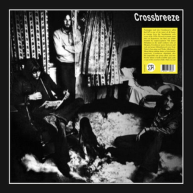 Black and white vinyl record cover with three people in a room.