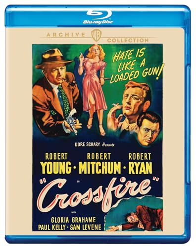 Crossfire" Blu-ray cover featuring three figures and a film noir aesthetic.