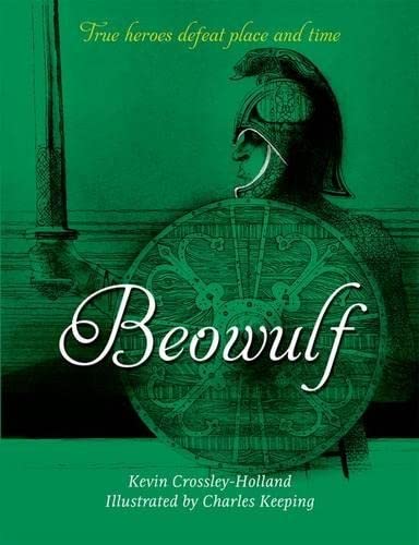 Book cover: Beowulf, depicting a warrior with shield and helmet.