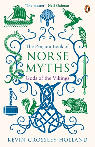 "Book cover with Norse myth illustrations and title in green and purple text on beige background."