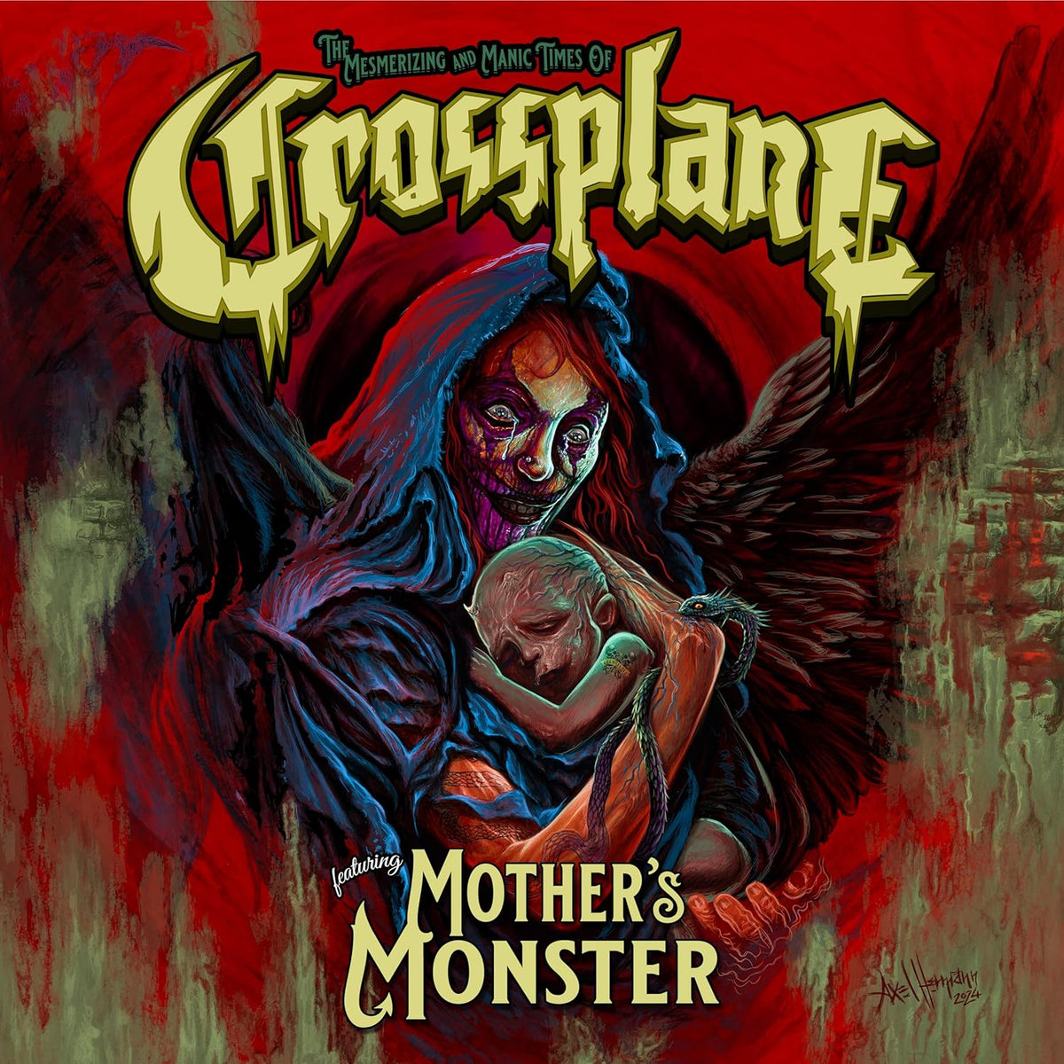 Red vinyl record cover depicting a monstrous figure holding a child.