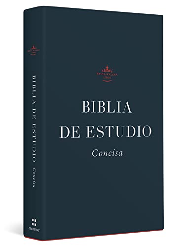 Dark blue hardback Spanish study Bible with gold lettering.